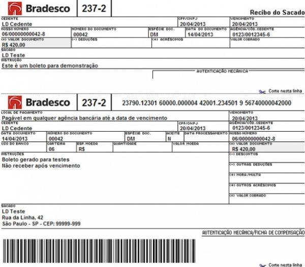 Boleto de testes gerado com código Bradesco