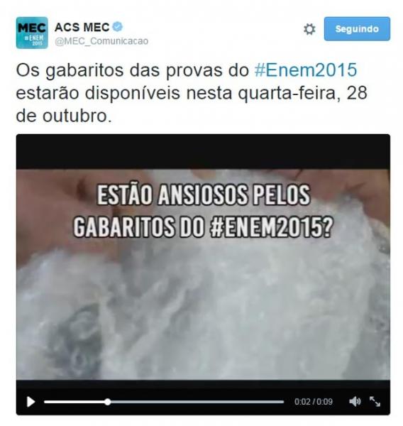 MEC diz que gabarito oficial do Enem 2015 será divulgado na quarta-feira (Foto: Reprodução/Twitter)