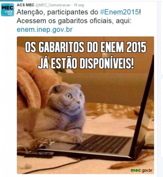 MEC publicou o aviso da publicação dos gabaritos no Twitter. (Foto: Reprodução/Twitter)