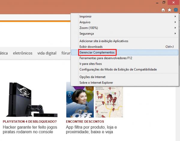 No IE, acesse a opção Gerenciar Complementos (Foto: Reprodução/Paulo Alves) (Foto: No IE, acesse a opção Gerenciar Complementos (Foto: Reprodução/Paulo Alves))