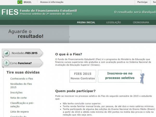 Página do Fies pede que candidatos aguardem o resultado. (Foto: Reprodução/Divulgação)